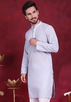 Turquoise Blue Embroidered Poly Blend Kurta For Men