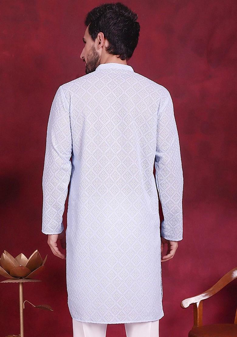 Turquoise Blue Embroidered Poly Blend Kurta For Men
