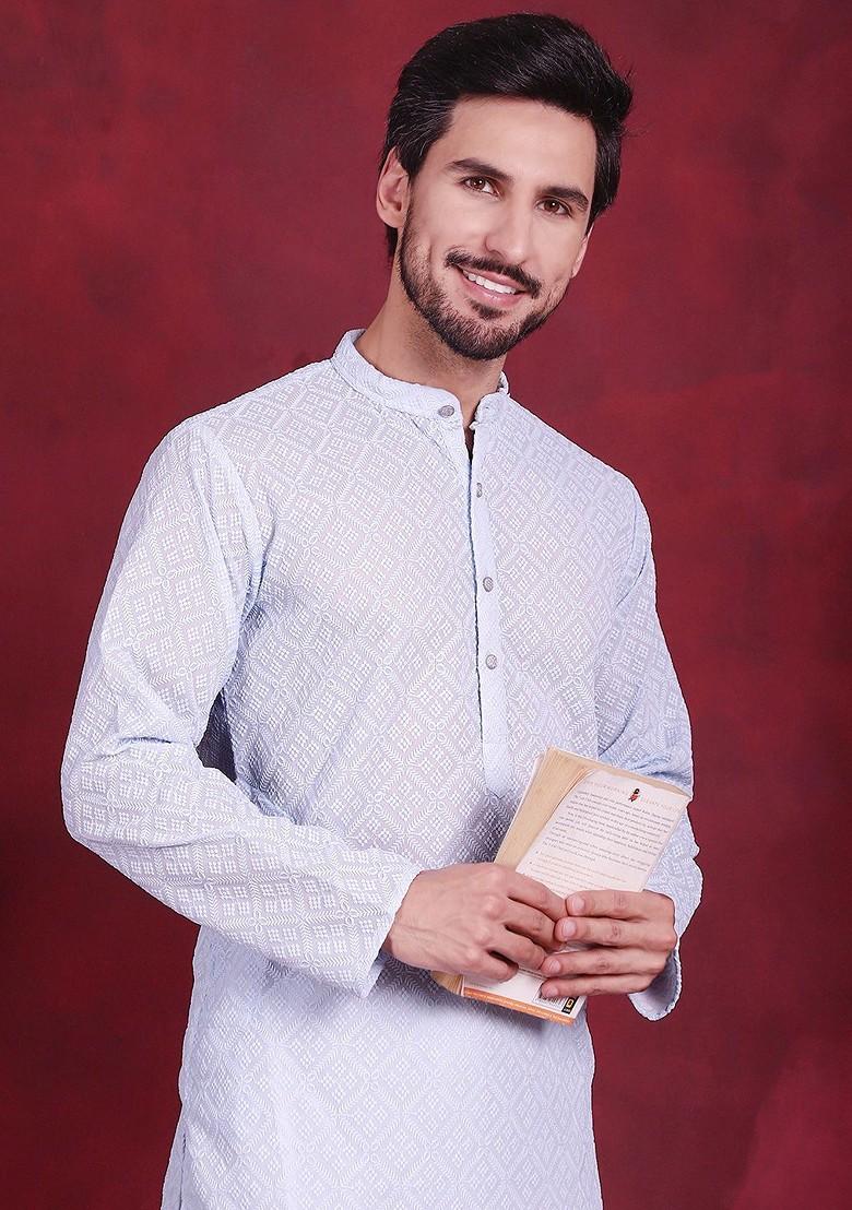 Turquoise Blue Embroidered Poly Blend Kurta For Men
