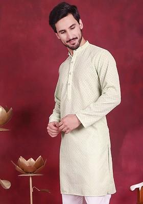Green Embroidered Poly Blend Kurta For Men