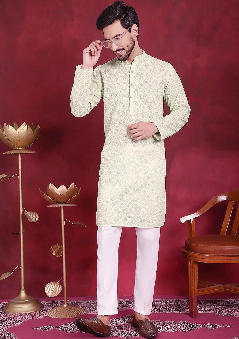 Green Embroidered Poly Blend Kurta For Men