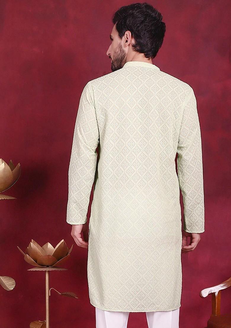 Green Embroidered Poly Blend Kurta For Men
