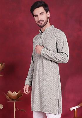Green Embroidered Poly Blend Kurta For Men