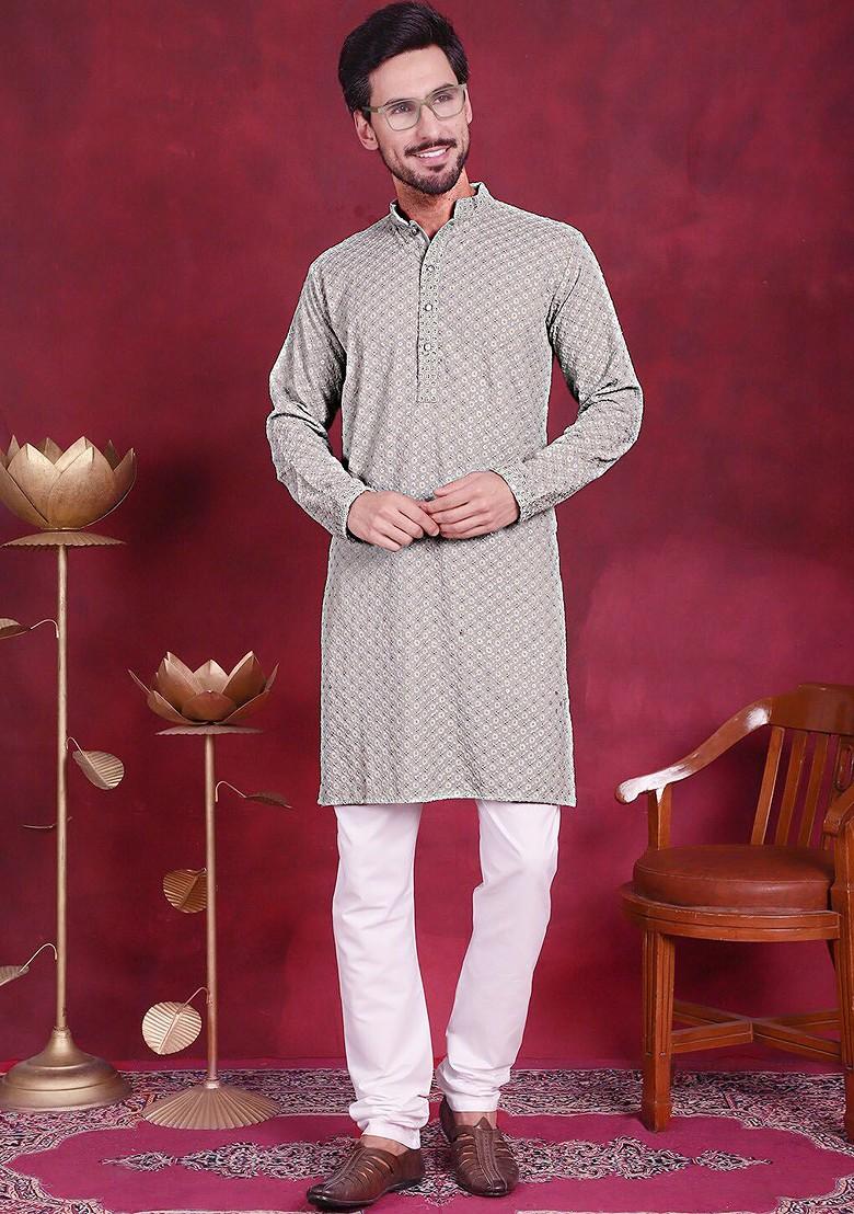 Green Embroidered Poly Blend Kurta For Men
