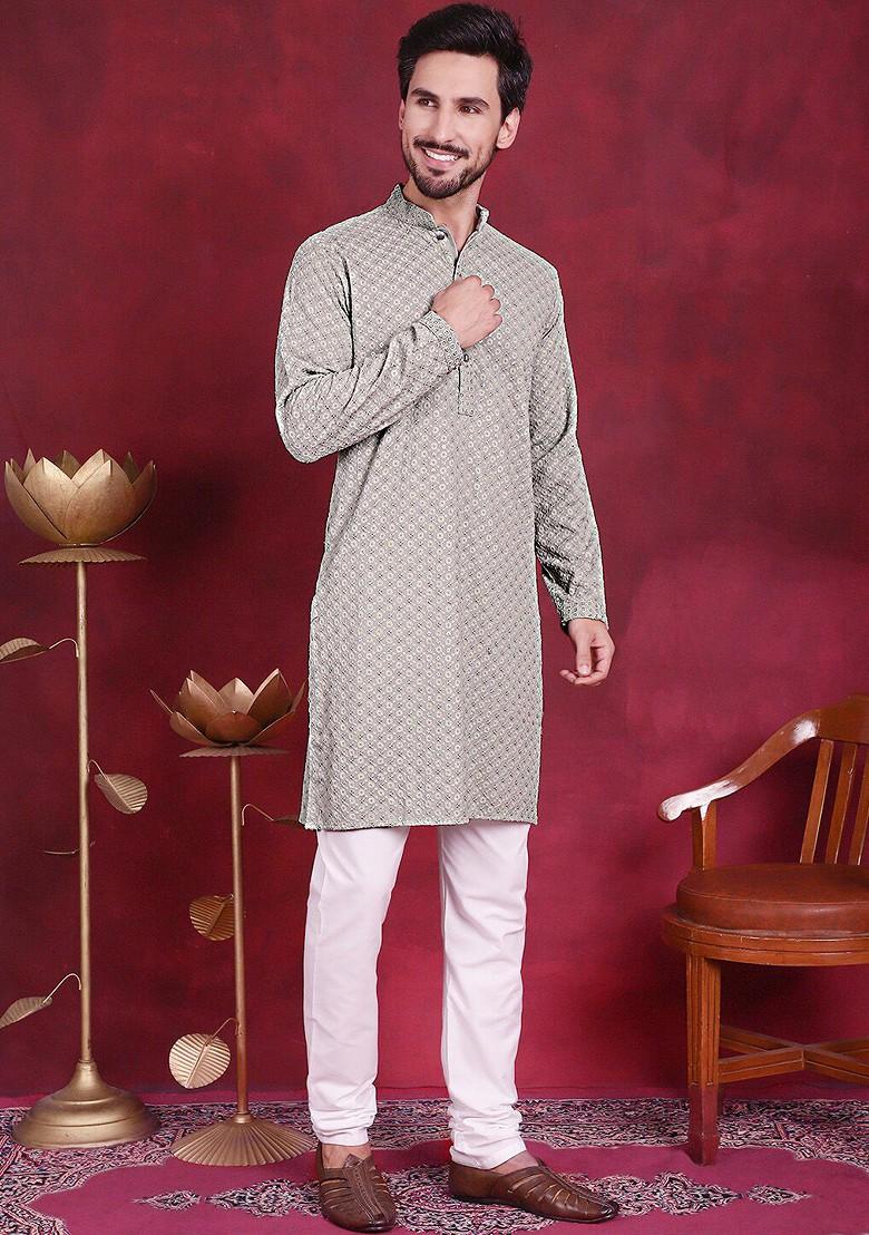 Green Embroidered Poly Blend Kurta For Men