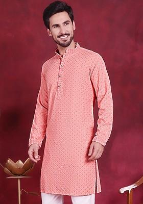 Peach Embroidered Poly Blend Kurta For Men