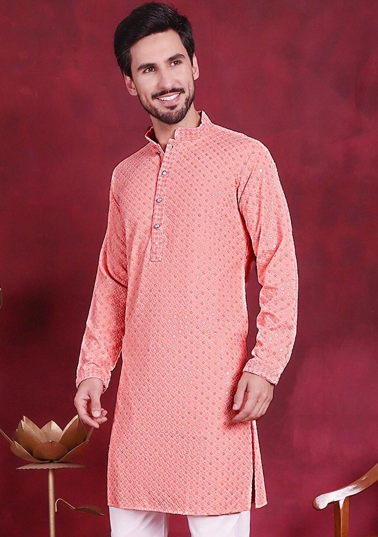 Peach Embroidered Poly Blend Kurta For Men