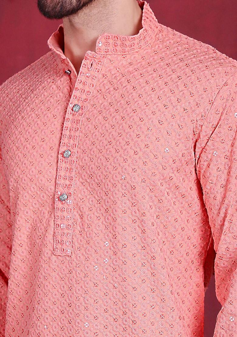 Peach Embroidered Poly Blend Kurta For Men