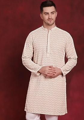 Beige Embroidered Poly Blend Kurta For Men