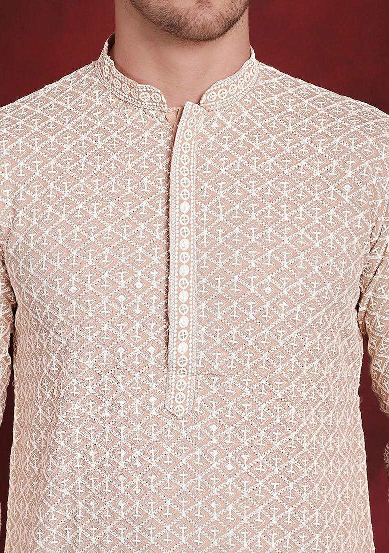 Beige Embroidered Poly Blend Kurta For Men
