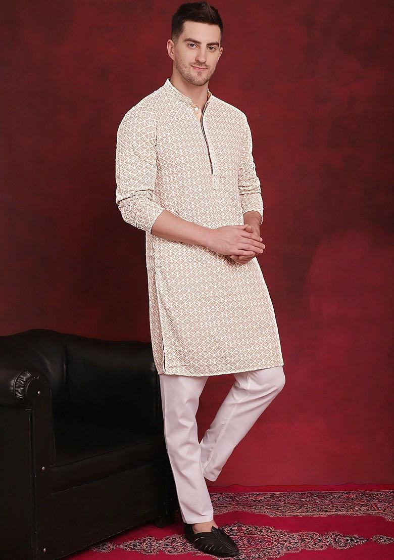 Beige Embroidered Poly Blend Kurta For Men