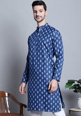Navy Blue Printed Poly Blend Kurta For Men
