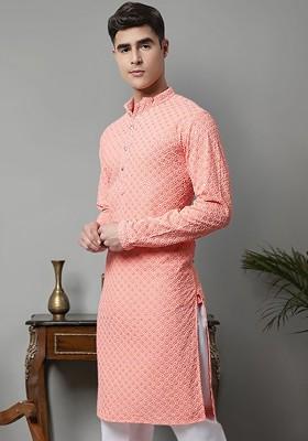 Peach Embroidered Poly Blend Kurta For Men