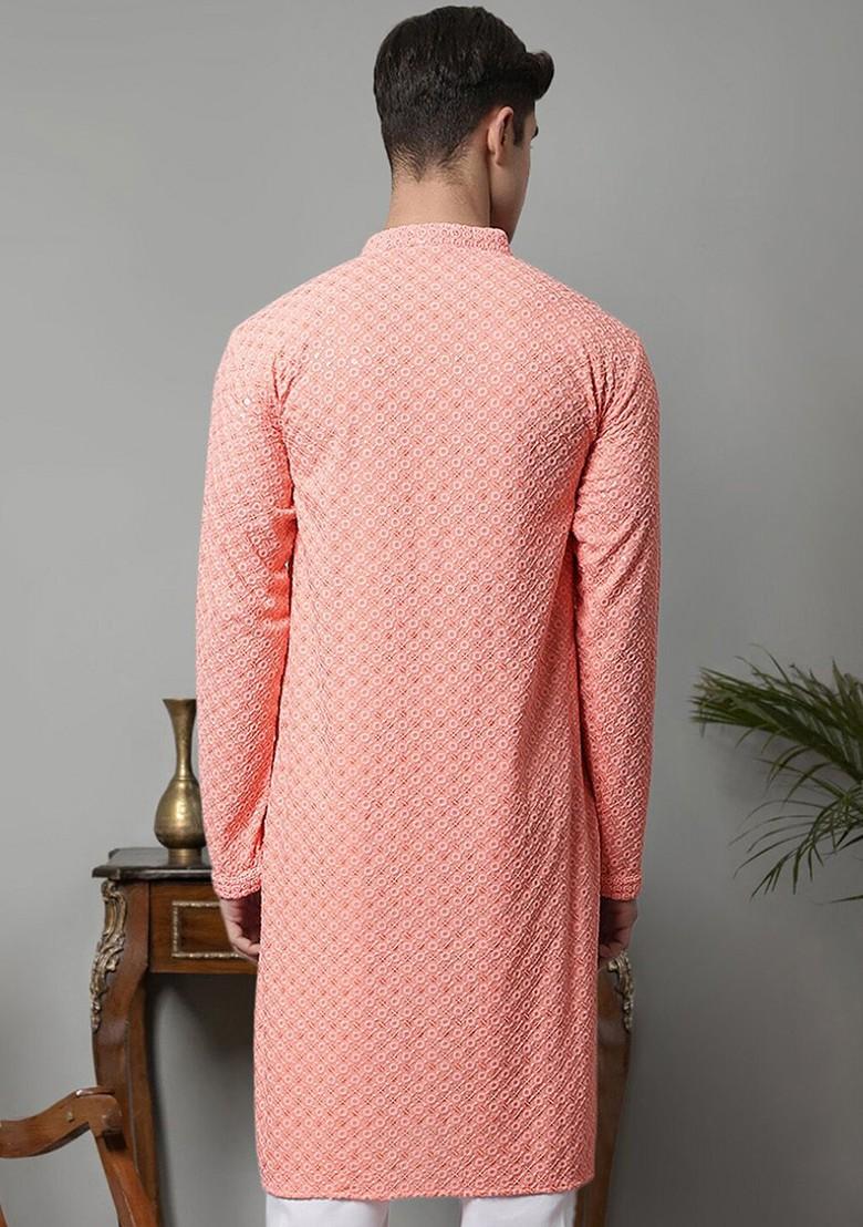 Peach Embroidered Poly Blend Kurta For Men