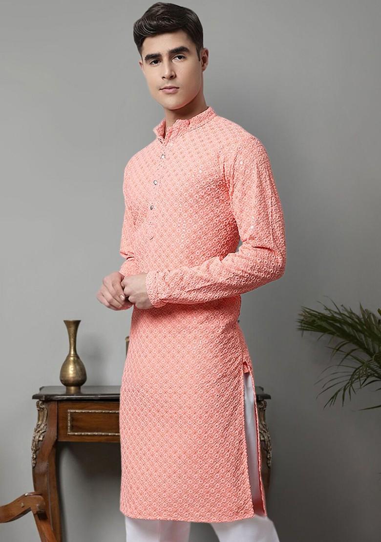 Peach Embroidered Poly Blend Kurta For Men