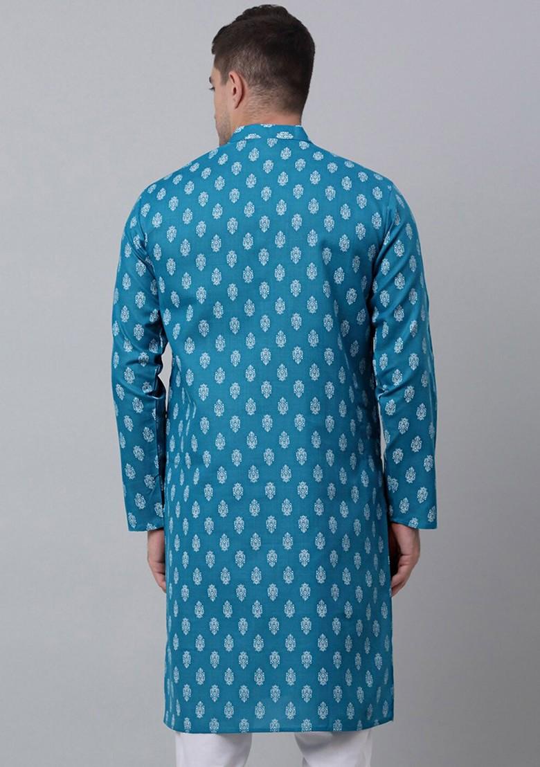 Teal Blue Printed Poly Blend Kurta For Men