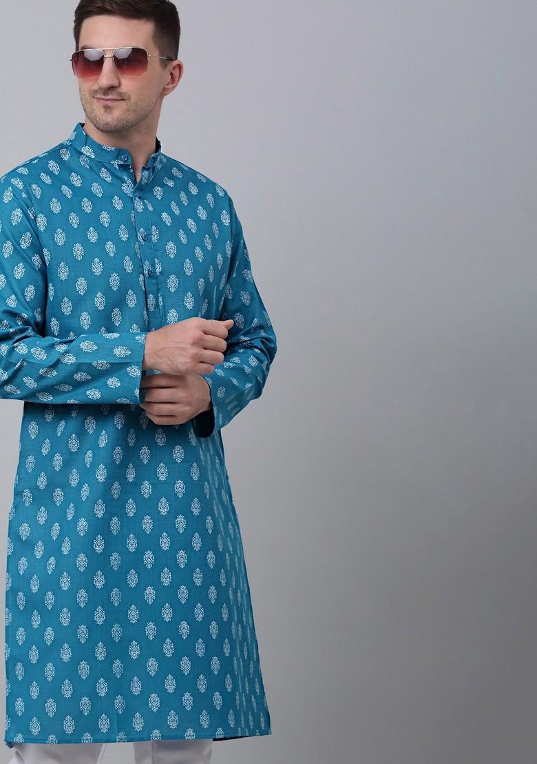 Teal Blue Printed Poly Blend Kurta For Men
