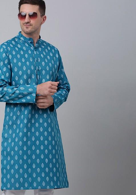 Teal Blue Printed Poly Blend Kurta For Men — view on Indya