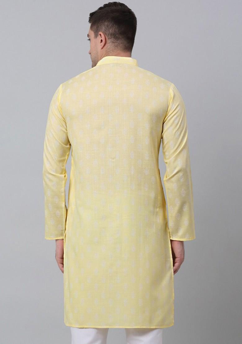 Yellow Printed Poly Blend Kurta For Men