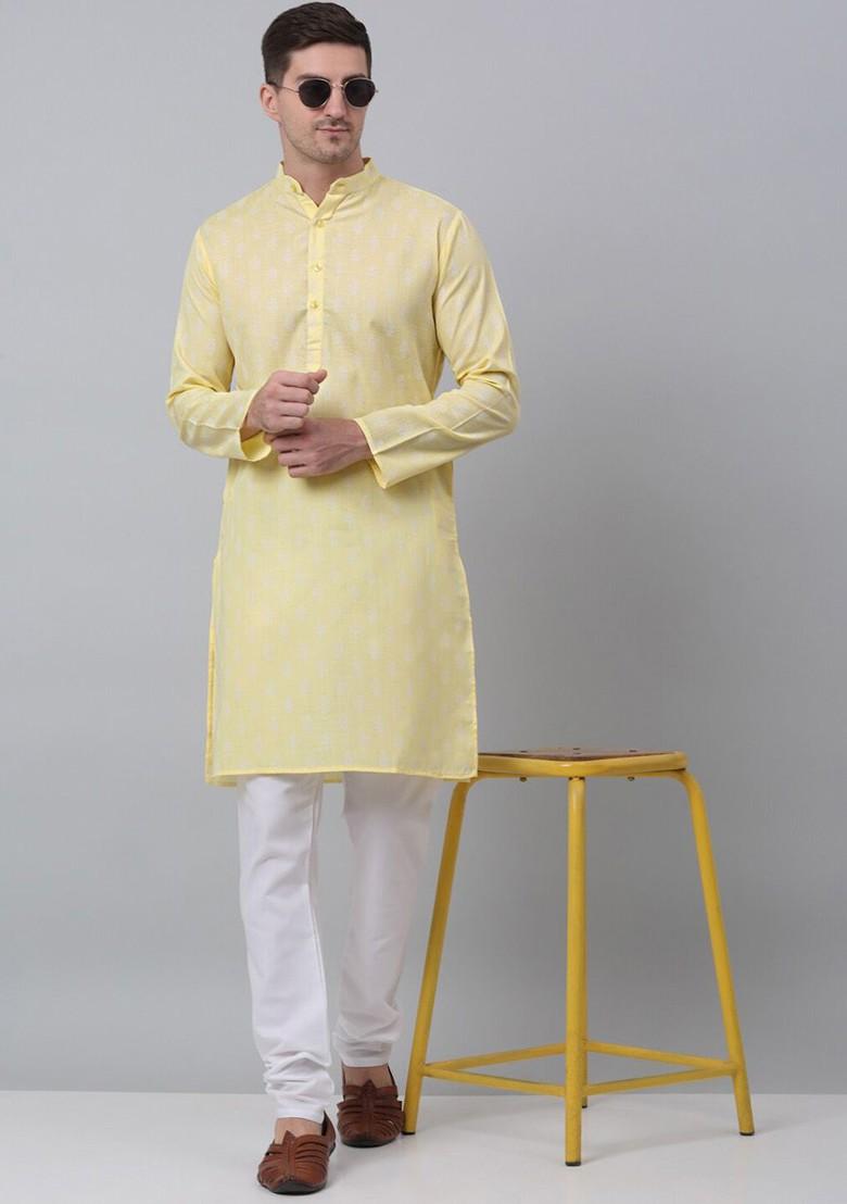 Yellow Printed Poly Blend Kurta For Men