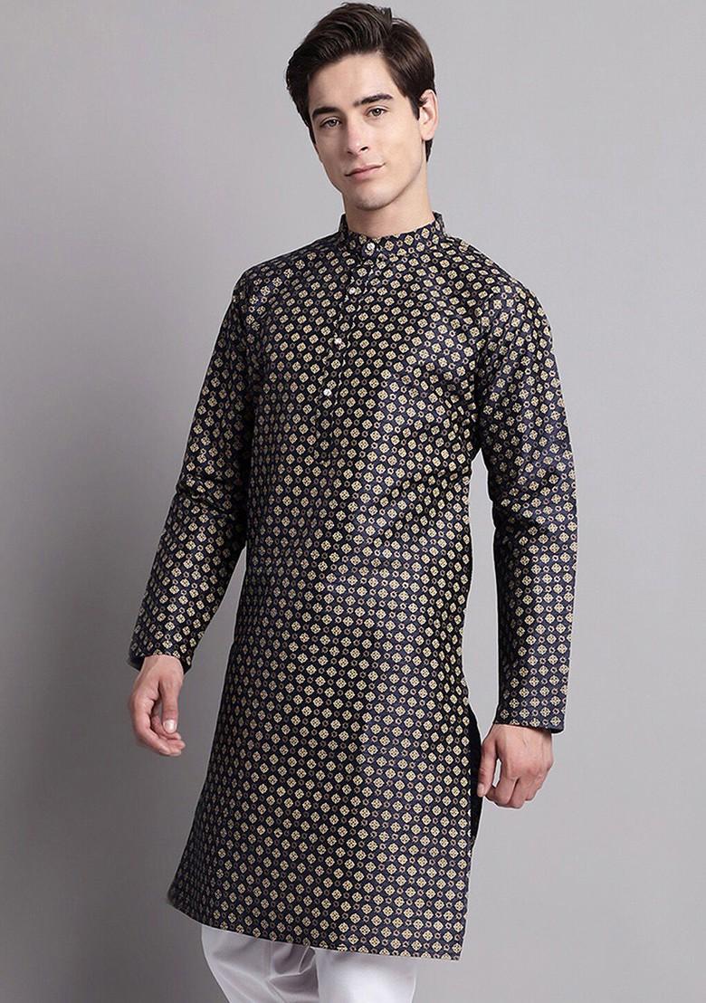 Navy Blue Printed Poly Blend Kurta For Men
