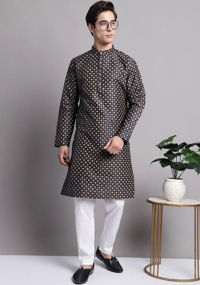 Navy Blue Printed Poly Blend Kurta For Men