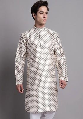 Off White Printed Poly Blend Kurta For Men