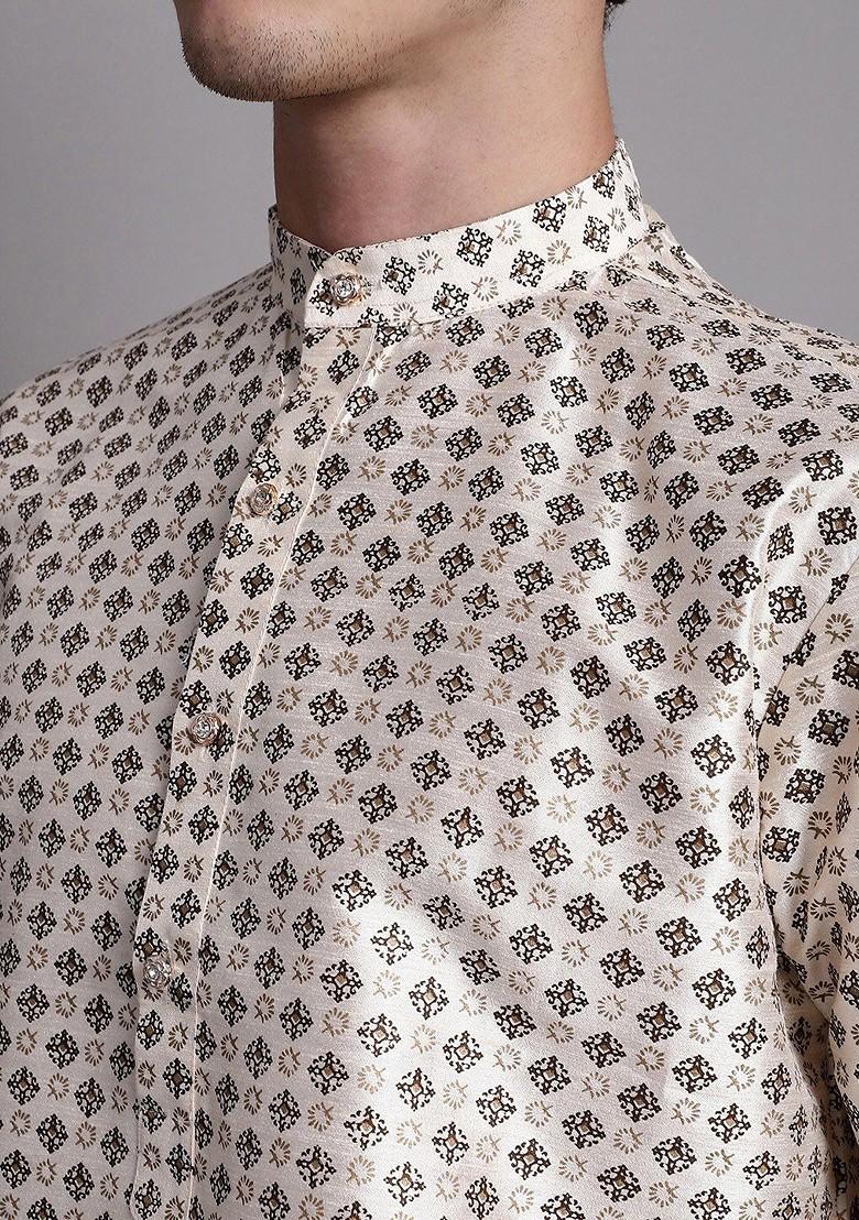 Off White Printed Poly Blend Kurta For Men