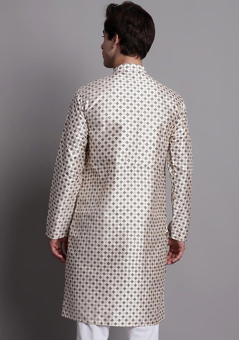 Off White Printed Poly Blend Kurta For Men