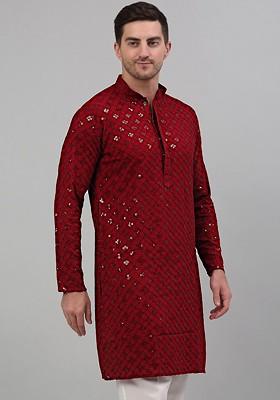 Maroon Embroidered Poly Blend Kurta For Men