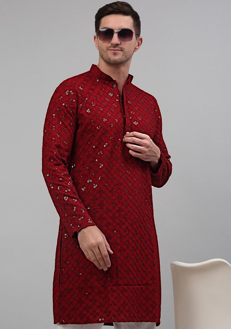 Maroon Embroidered Poly Blend Kurta For Men