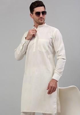 Off White Embroidered Poly Blend Kurta For Men