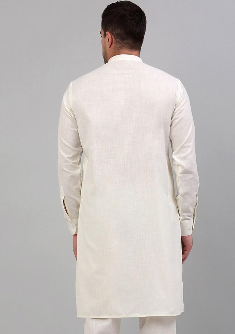 Off White Embroidered Poly Blend Kurta For Men