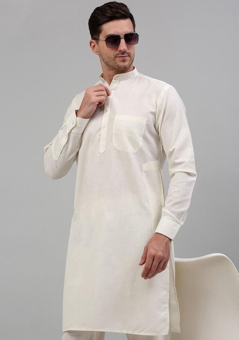 Off White Embroidered Poly Blend Kurta For Men