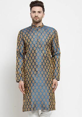 Blue Woven Design Poly Blend Kurta For Men