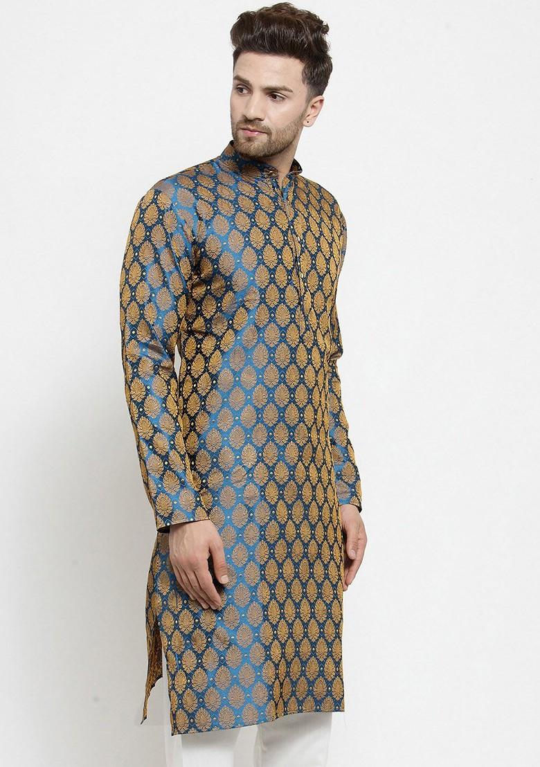 Blue Woven Design Poly Blend Kurta For Men