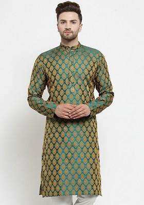 Green Woven Design Poly Blend Kurta For Men