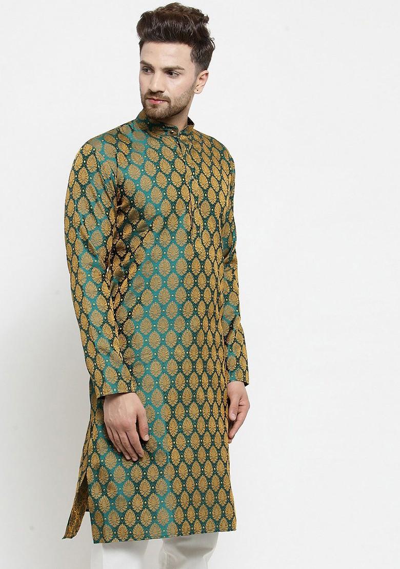 Green Woven Design Poly Blend Kurta For Men