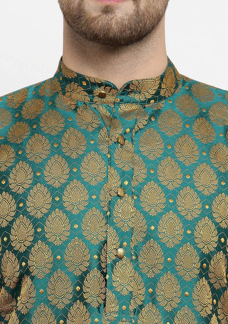 Green Woven Design Poly Blend Kurta For Men