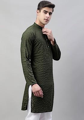 Olive Embroidered Poly Blend Kurta For Men