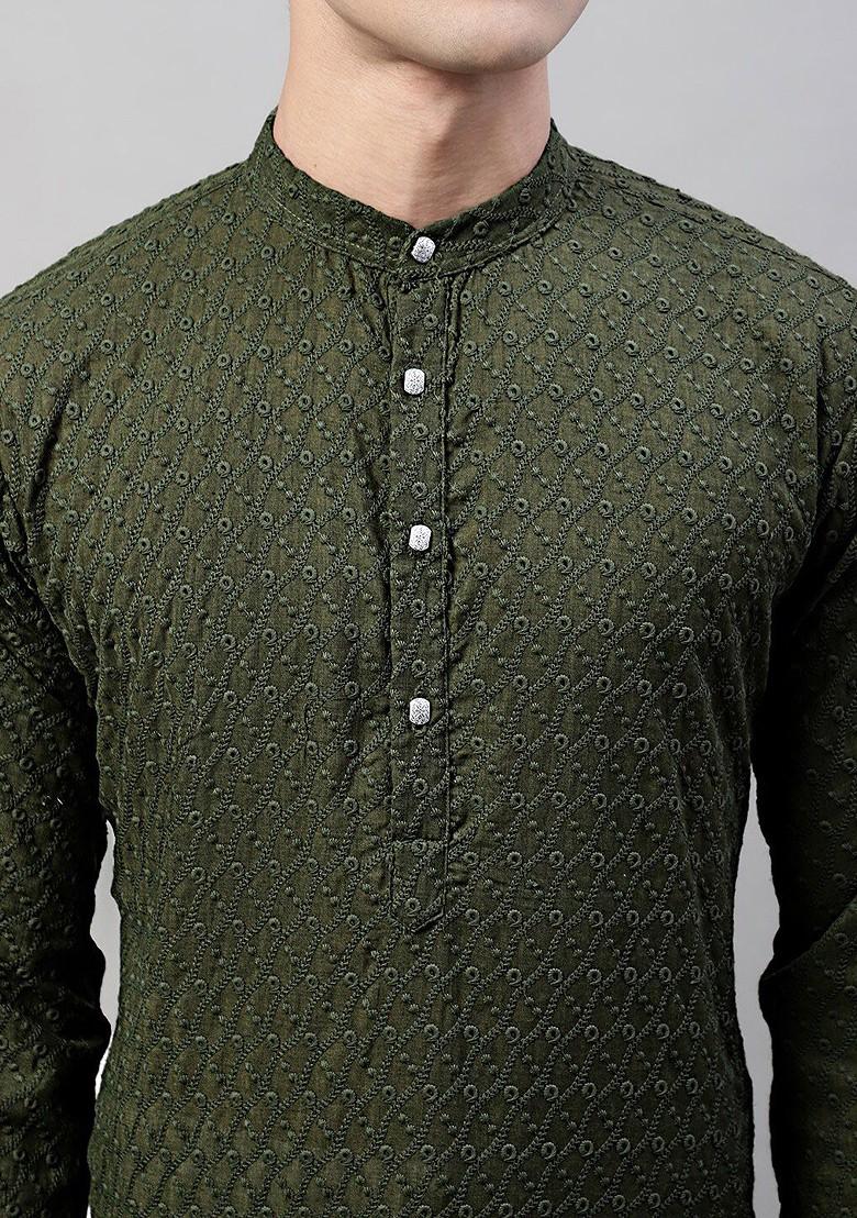 Olive Embroidered Poly Blend Kurta For Men