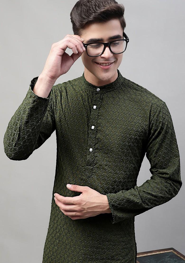 Olive Embroidered Poly Blend Kurta For Men