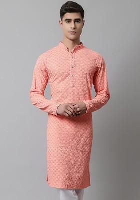 Peach Embroidered Poly Blend Kurta For Men