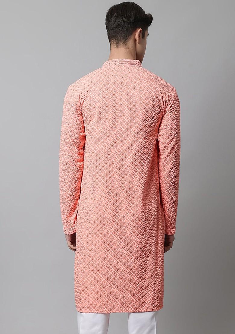 Peach Embroidered Poly Blend Kurta For Men
