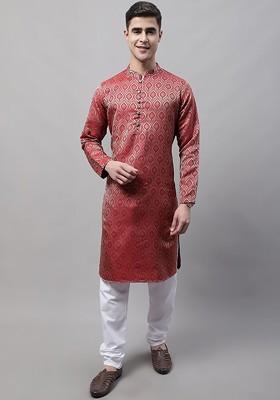 Maroon Woven Design Poly Blend Kurta For Men