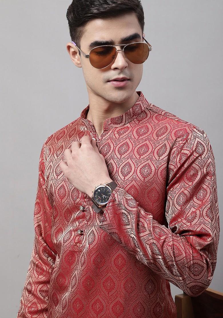 Maroon Woven Design Poly Blend Kurta For Men