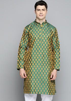 Green Woven Design Poly Blend Kurta For Men