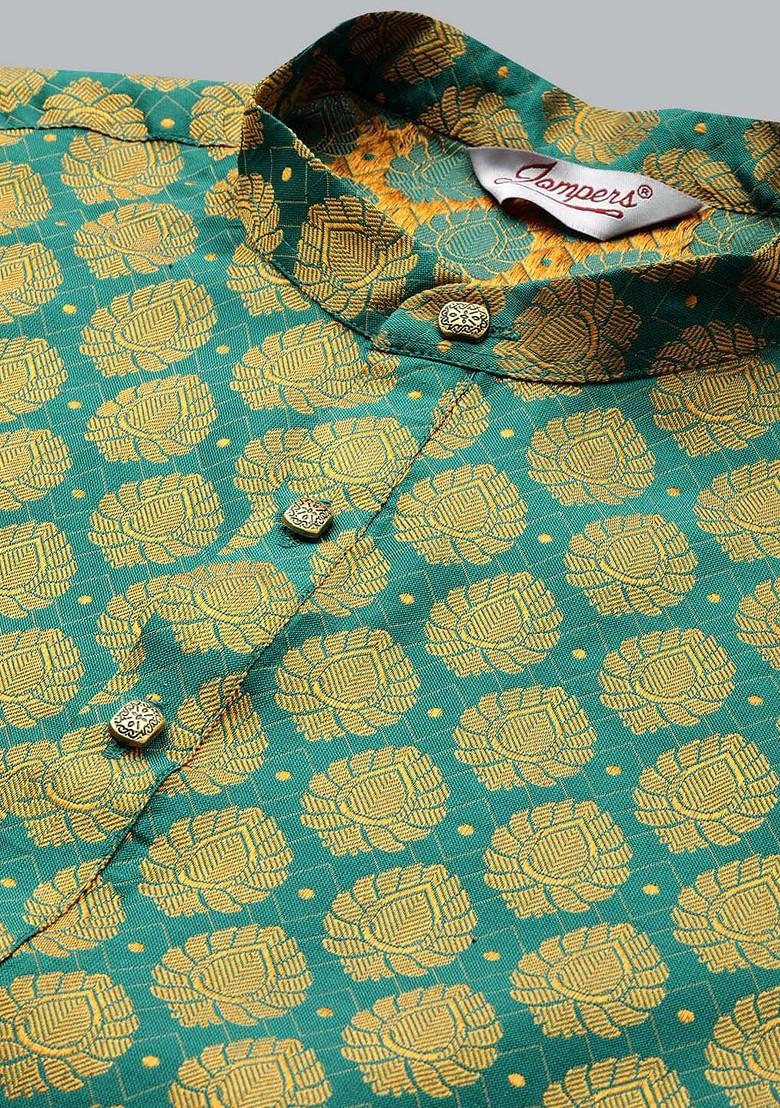 Green Woven Design Poly Blend Kurta For Men
