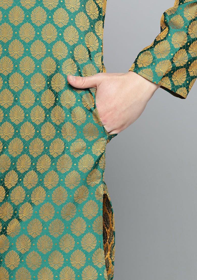 Green Woven Design Poly Blend Kurta For Men