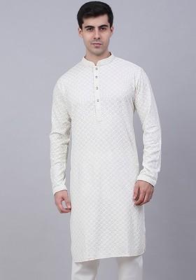 Cream Embroidered Poly Blend Kurta For Men